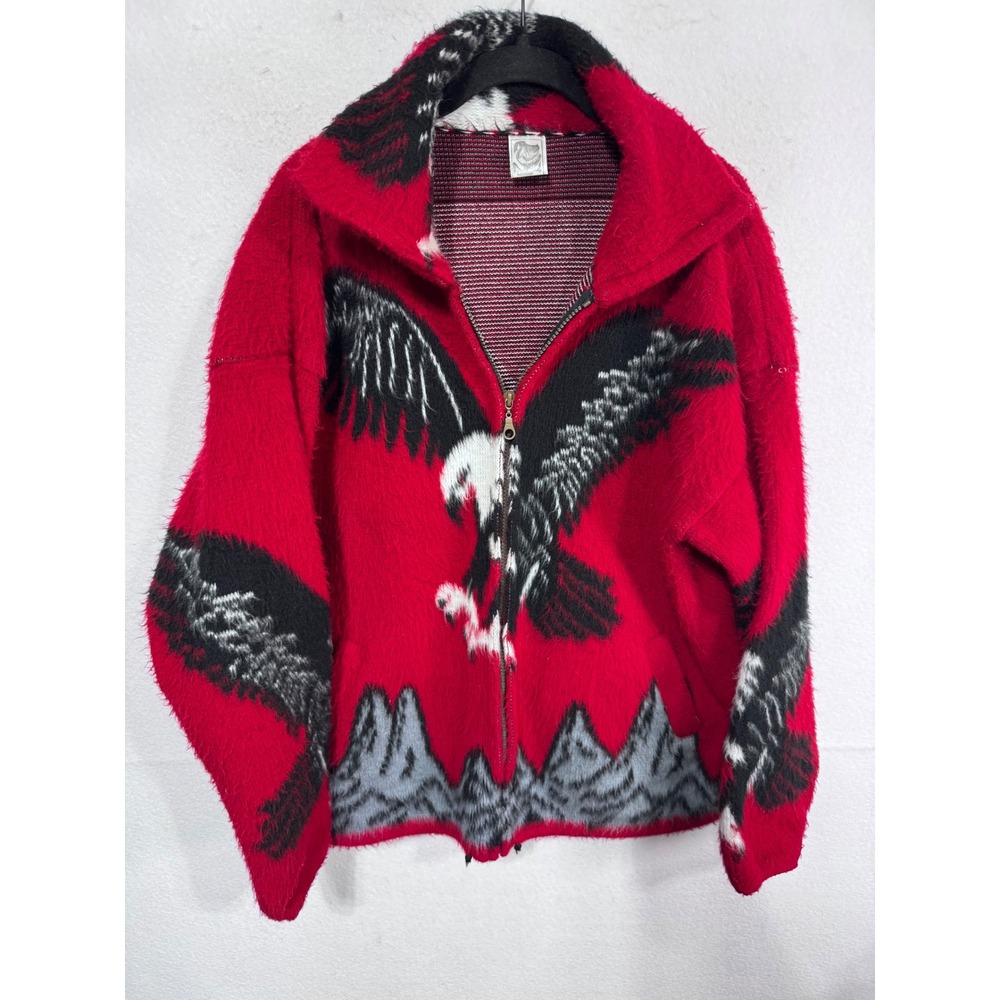 Yarina Womens Medium Red Wool Eagle American Full Zip Fleece Jacket Southwestern